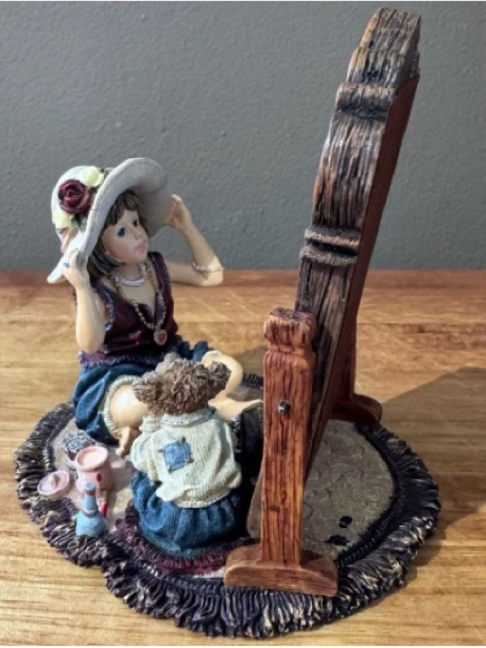 Hand-Painted Girl and Teddy Sculpture in Cream, Blue, and Brown